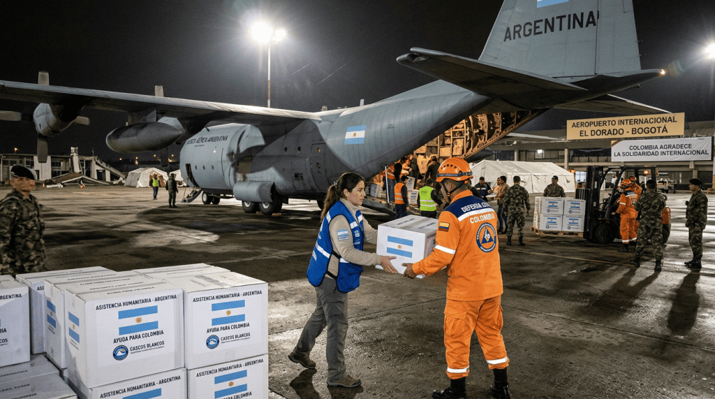 Aid workers transfer Argentine humanitarian boxes beside aircraft at El Dorado Airport
