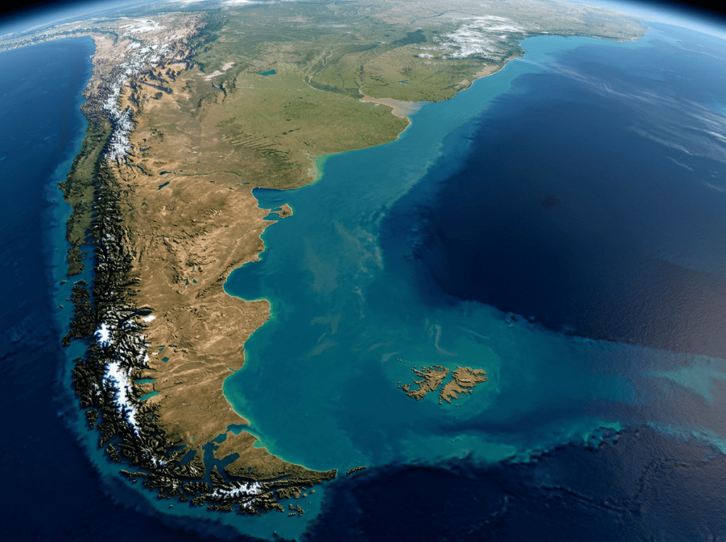 Satellite-style view of South America and surrounding Atlantic Ocean