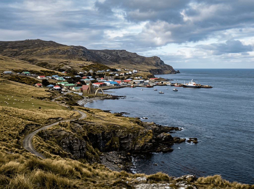 Colorful coastal village and boats beneath rugged hills