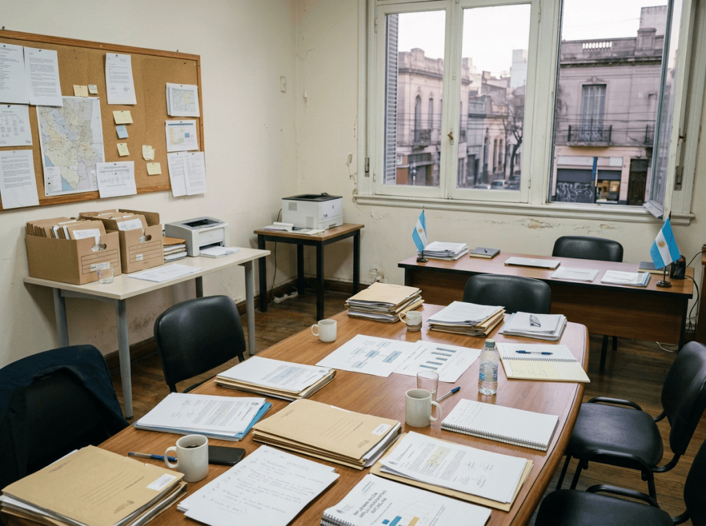 Oficina ministerial vacía con documentos sobre un programa escolar
