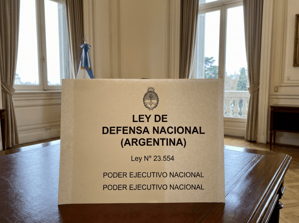 Cover of Argentina’s National Defense Law No. 23.554 on a table