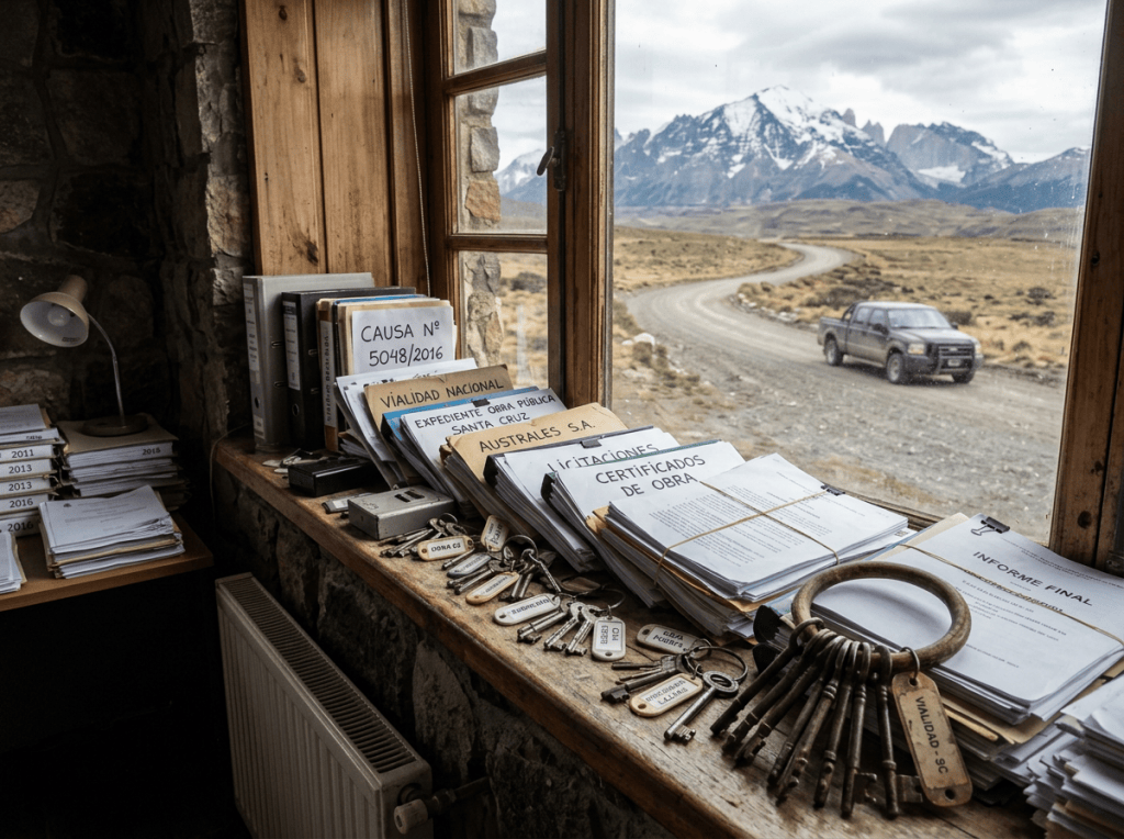 Mountain road viewed from office with files labeled CAUSA N° 5048/2016 and LICITACIONES CERTIFICADOS DE OBRA