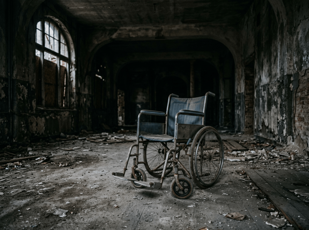 Empty wheelchair in a derelict building surrounded by rubble