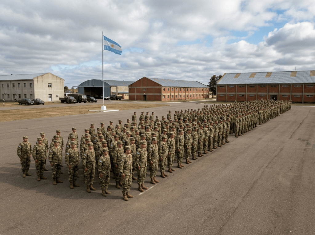 Soldados argentinos formados bajo la bandera argentina en una base militar