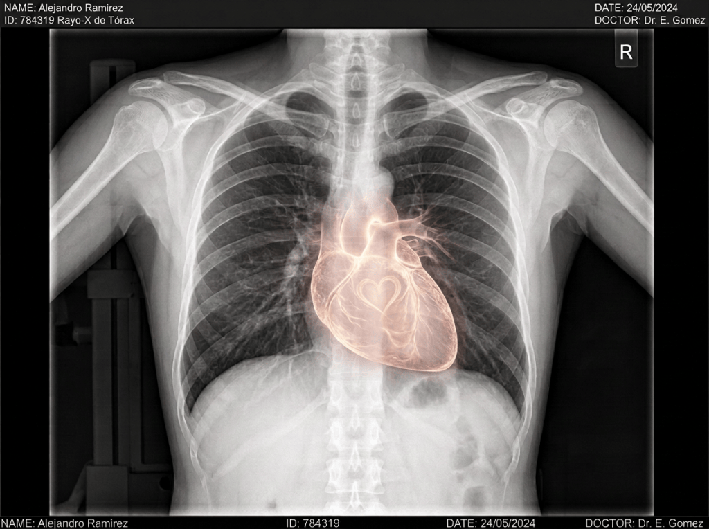 Annotated frontal chest X-ray labeling the trachea, lungs, ribs, heart, and diaphragm