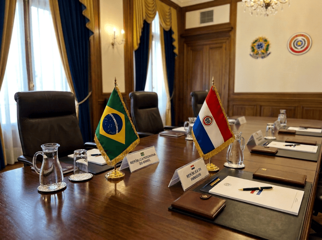 Brazil and Paraguay flags with labeled conference seats in a diplomatic meeting room