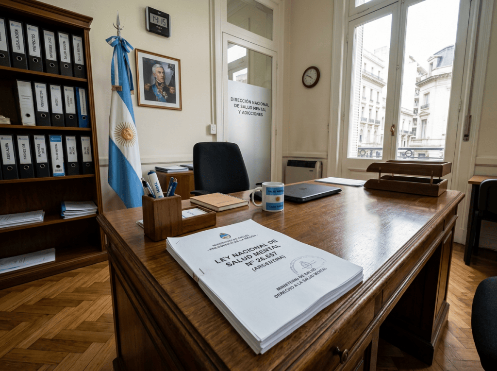 Office desk with Argentine flag and National Mental Health Law 26.657 document